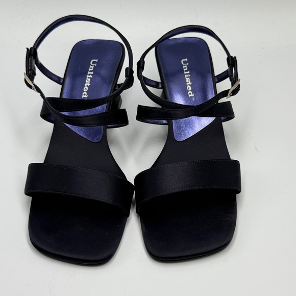 1990s‎ Unlisted Navy Blue Satin  Square Toe Strappy Sandals Size 7.5 - Picture 1 of 7